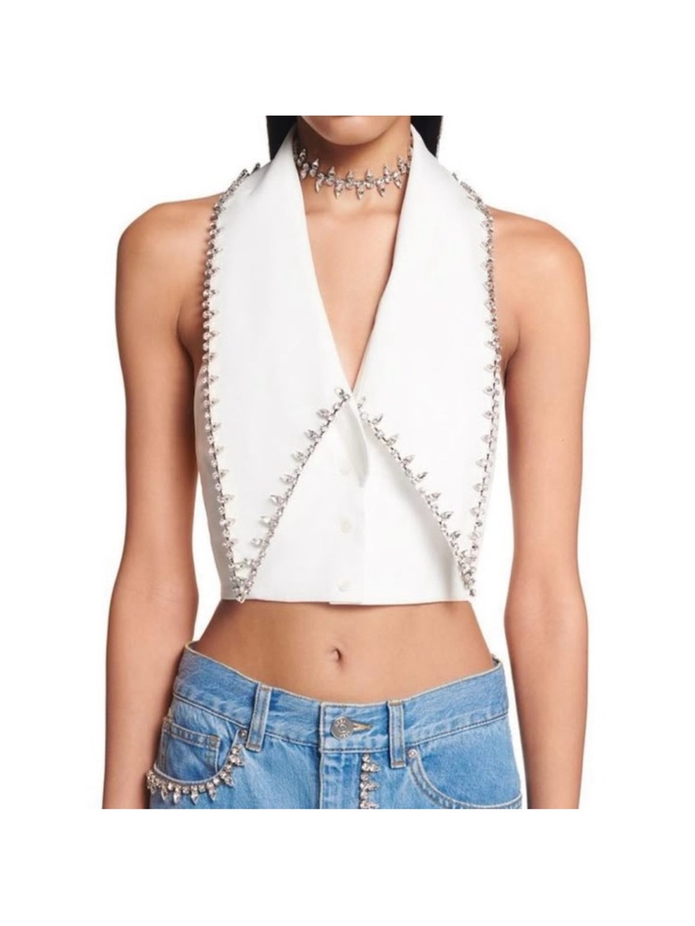 AREA White Crystal Collar Crop Top small